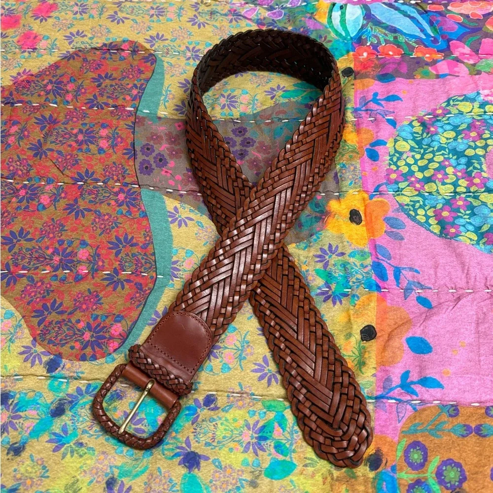 Vintage Woven Leather Belt Western Chunky Buckle Size L Coastal Boho Chic Beach - Picture 2 of 11